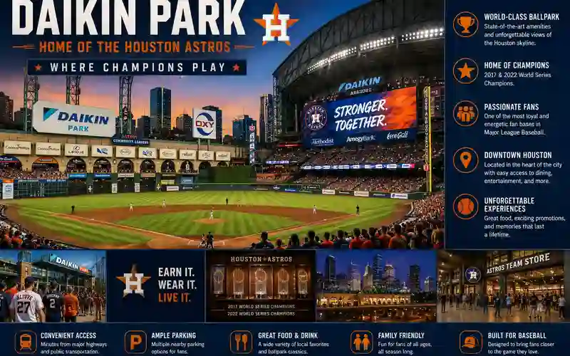 Daikin Park baseball stadium in Houston during a Houston Astros game with fans in the stands, downtown skyline views, illuminated scoreboard, championship displays, and stadium amenities during an evening baseball event.